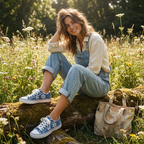 Flōre | Women's Denim Sneakers - Floral Embroidered - Frayed Edges - Lace Up