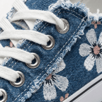 Flōre | Women's Denim Sneakers - Floral Embroidered - Frayed Edges - Lace Up
