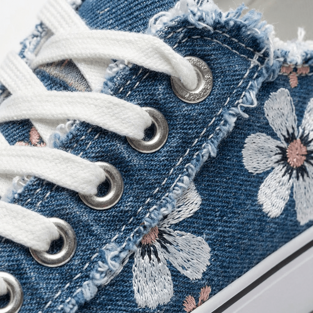 Flōre | Women's Denim Sneakers - Floral Embroidered - Frayed Edges - Lace Up
