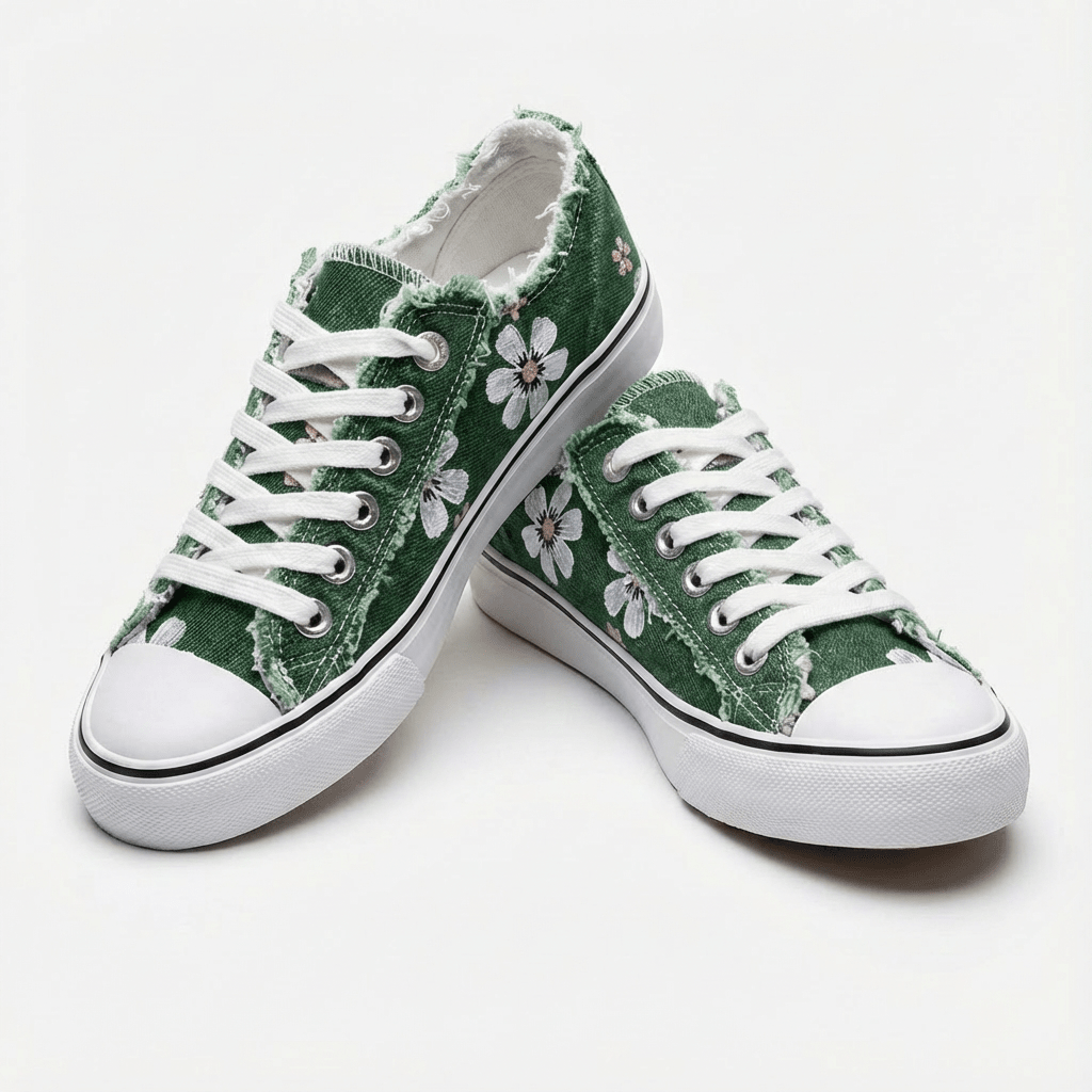 Flōre | Women's Denim Sneakers - Floral Embroidered - Frayed Edges - Lace Up Green