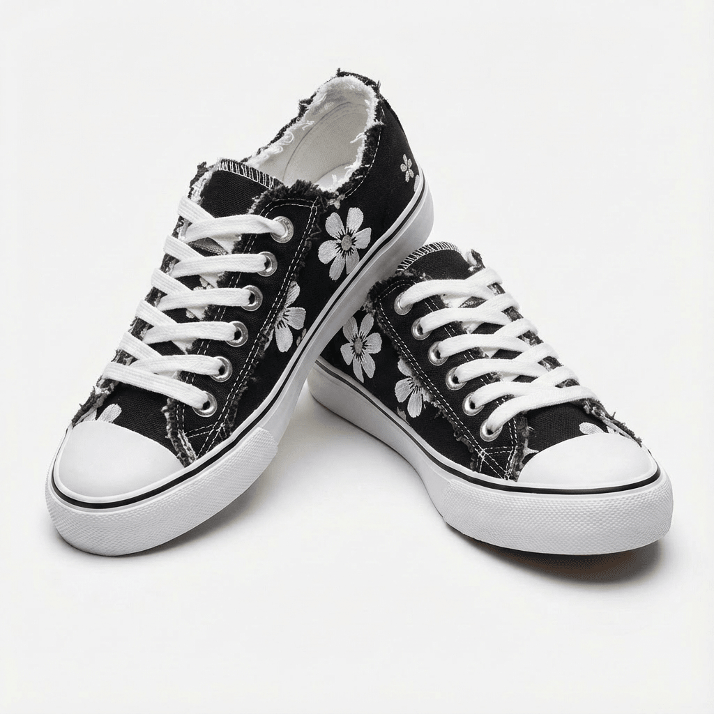 Flōre | Women's Denim Sneakers - Floral Embroidered - Frayed Edges - Lace Up Black