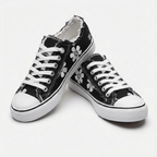 Flōre | Women's Denim Sneakers - Floral Embroidered - Frayed Edges - Lace Up Black
