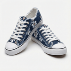 Flōre | Women's Denim Sneakers - Floral Embroidered - Frayed Edges - Lace Up Dark Blue