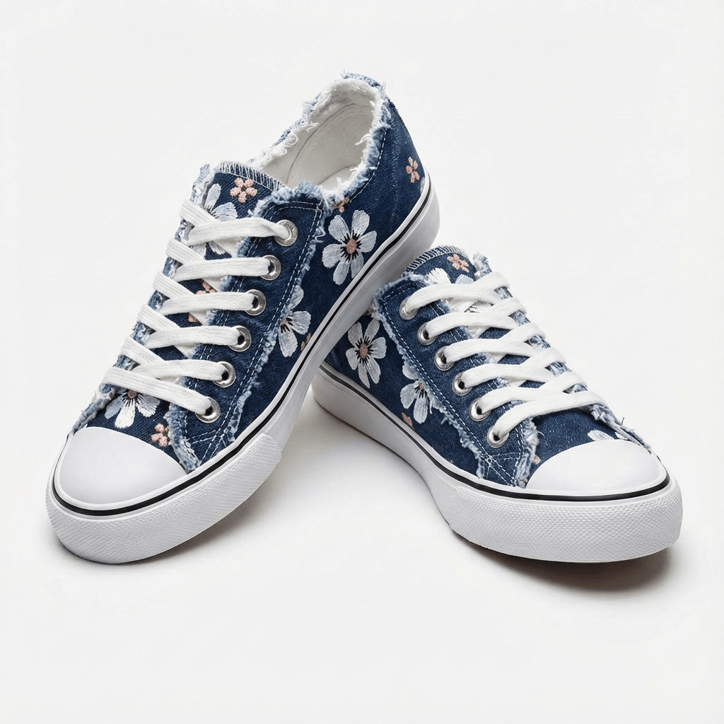 Flōre | Women's Denim Sneakers - Floral Embroidered - Frayed Edges - Lace Up Dark Blue