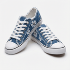 Flōre | Women's Denim Sneakers - Floral Embroidered - Frayed Edges - Lace Up Blue