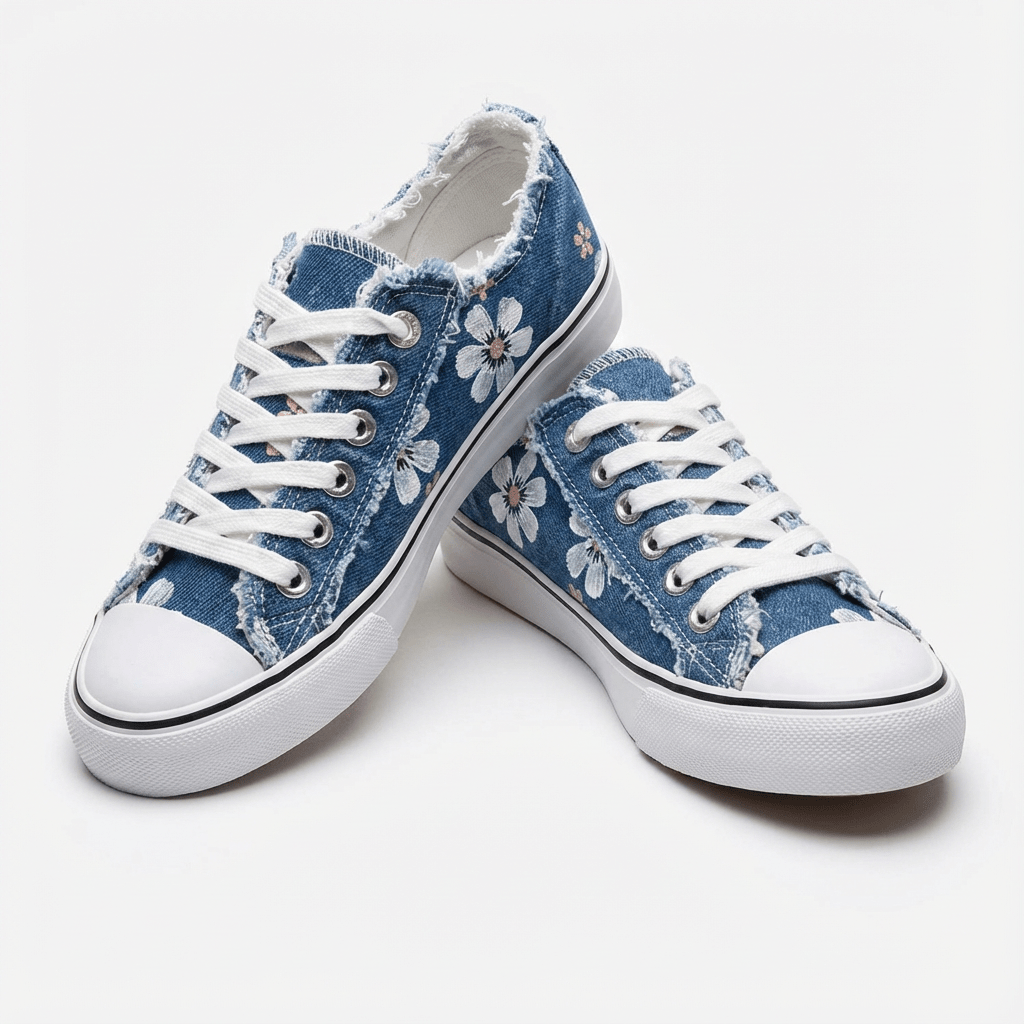 Flōre | Women's Denim Sneakers - Floral Embroidered - Frayed Edges - Lace Up Blue