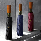 Automatic Folding Umbrella with Wooden Handle – Windproof Large Canopy Rain Umbrella, Black, Navy or Red