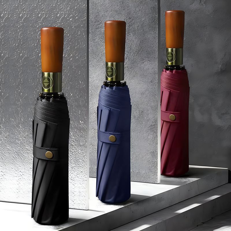 Automatic Folding Umbrella with Wooden Handle – Windproof Large Canopy Rain Umbrella, Black, Navy or Red
