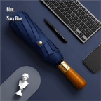 Automatic Folding Umbrella with Wooden Handle – Windproof Large Canopy Rain Umbrella, Black, Navy or Red