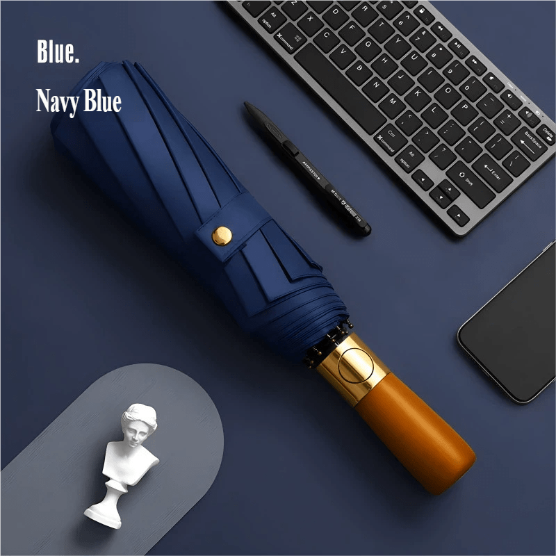 Automatic Folding Umbrella with Wooden Handle – Windproof Large Canopy Rain Umbrella, Black, Navy or Red