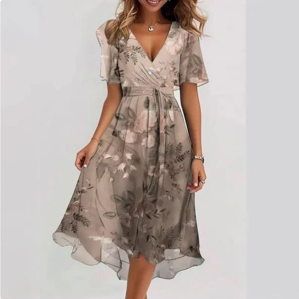 Maud | Elegant Women's Midi Dress Floral V-Neck Beige