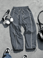 Men's Quick-Dry Joggers – Lightweight Striped Drawstring Streetwear Pants Dark Grey