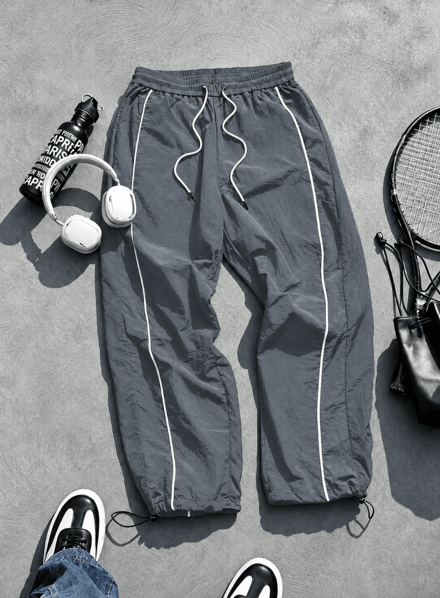 Men's Quick-Dry Joggers – Lightweight Striped Drawstring Streetwear Pants Dark Grey