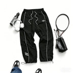 Men's Quick-Dry Joggers – Lightweight Striped Drawstring Streetwear Pants black