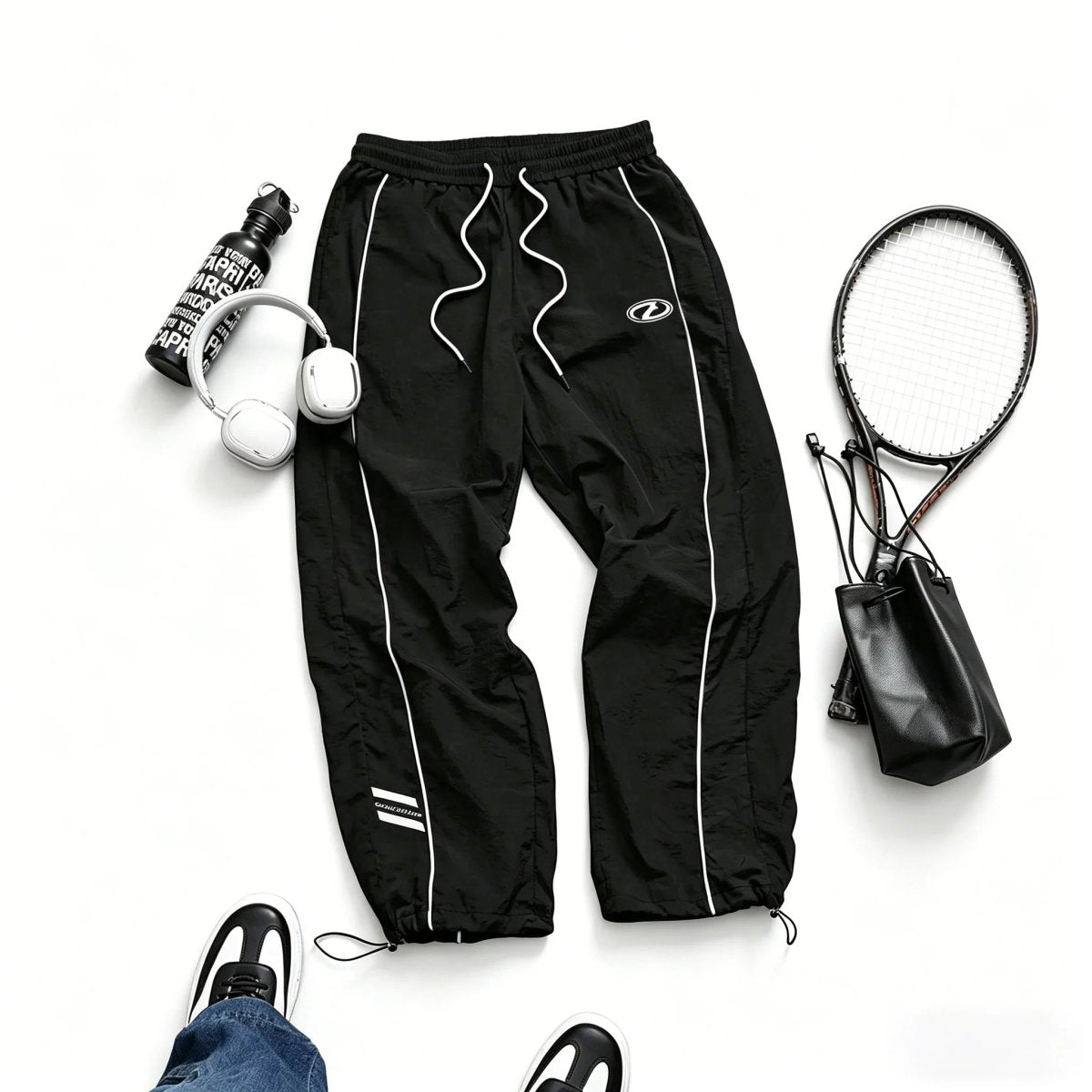 Men's Quick-Dry Joggers – Lightweight Striped Drawstring Streetwear Pants black