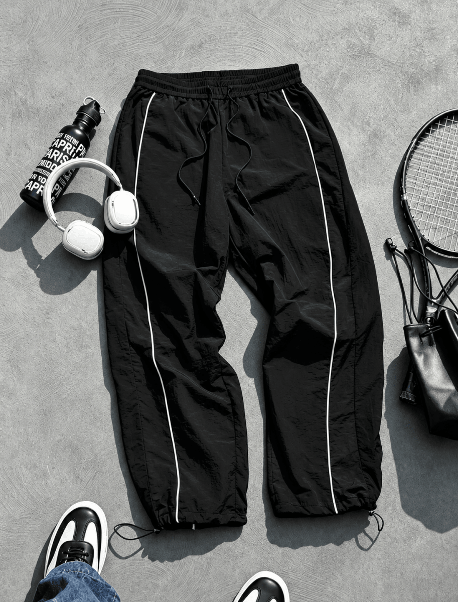 Men's Quick-Dry Joggers – Lightweight Striped Drawstring Streetwear Pants Black