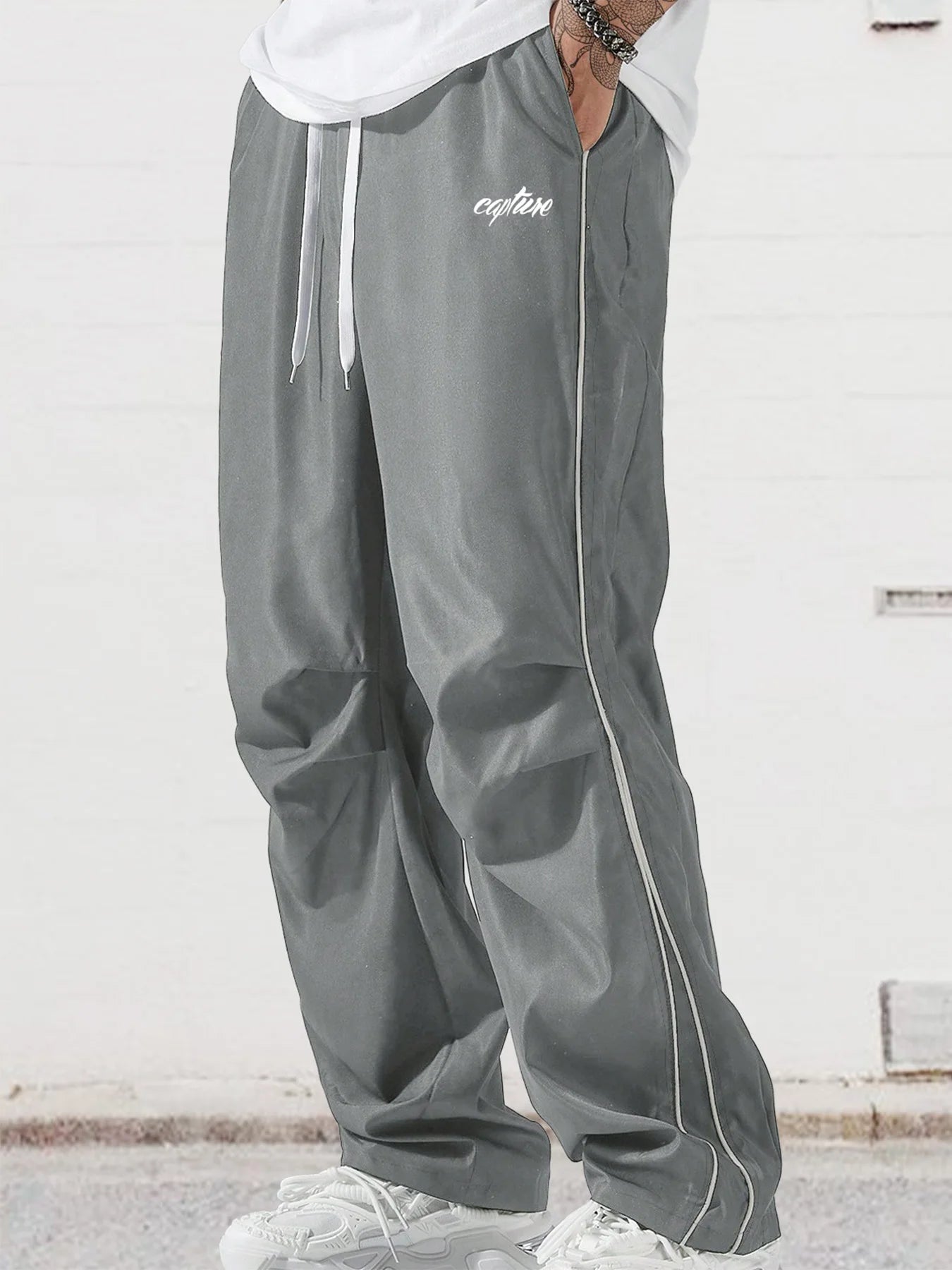 Men's Side Stripe Wide Leg Trousers – Loose Casual Summer Sports Pants Gray