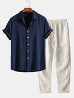 Men's Summer Set Shirt and Trousers Stand Collar Short Sleeve Lightweight 0