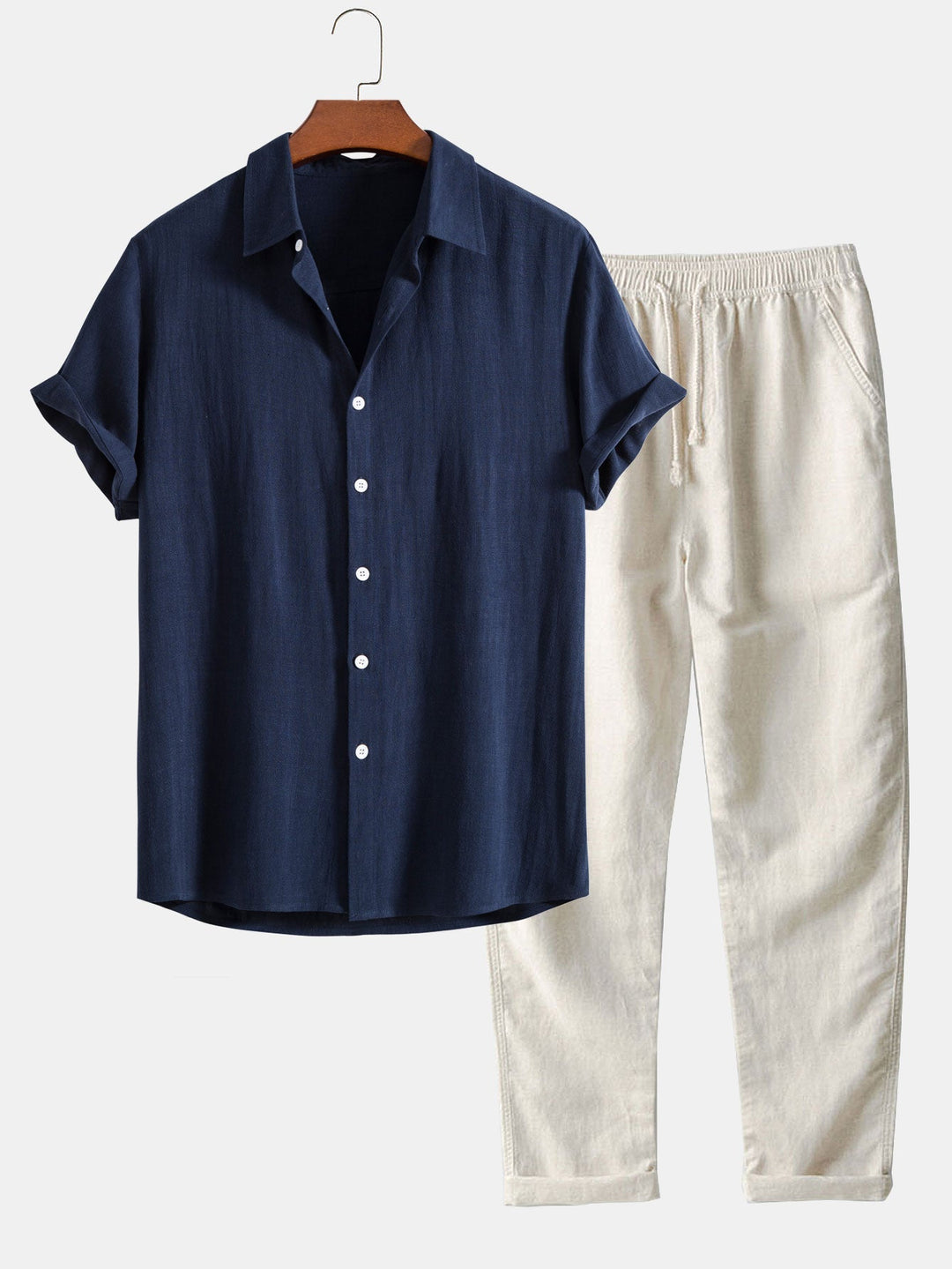 Men's Summer Set Shirt and Trousers Stand Collar Short Sleeve Lightweight 0