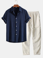Men's Summer Set Shirt and Trousers Stand Collar Short Sleeve Lightweight 0
