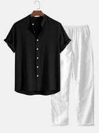 Men's Summer Set Shirt and Trousers Stand Collar Short Sleeve Lightweight 10