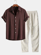 Men's Summer Set Shirt and Trousers Stand Collar Short Sleeve Lightweight 11