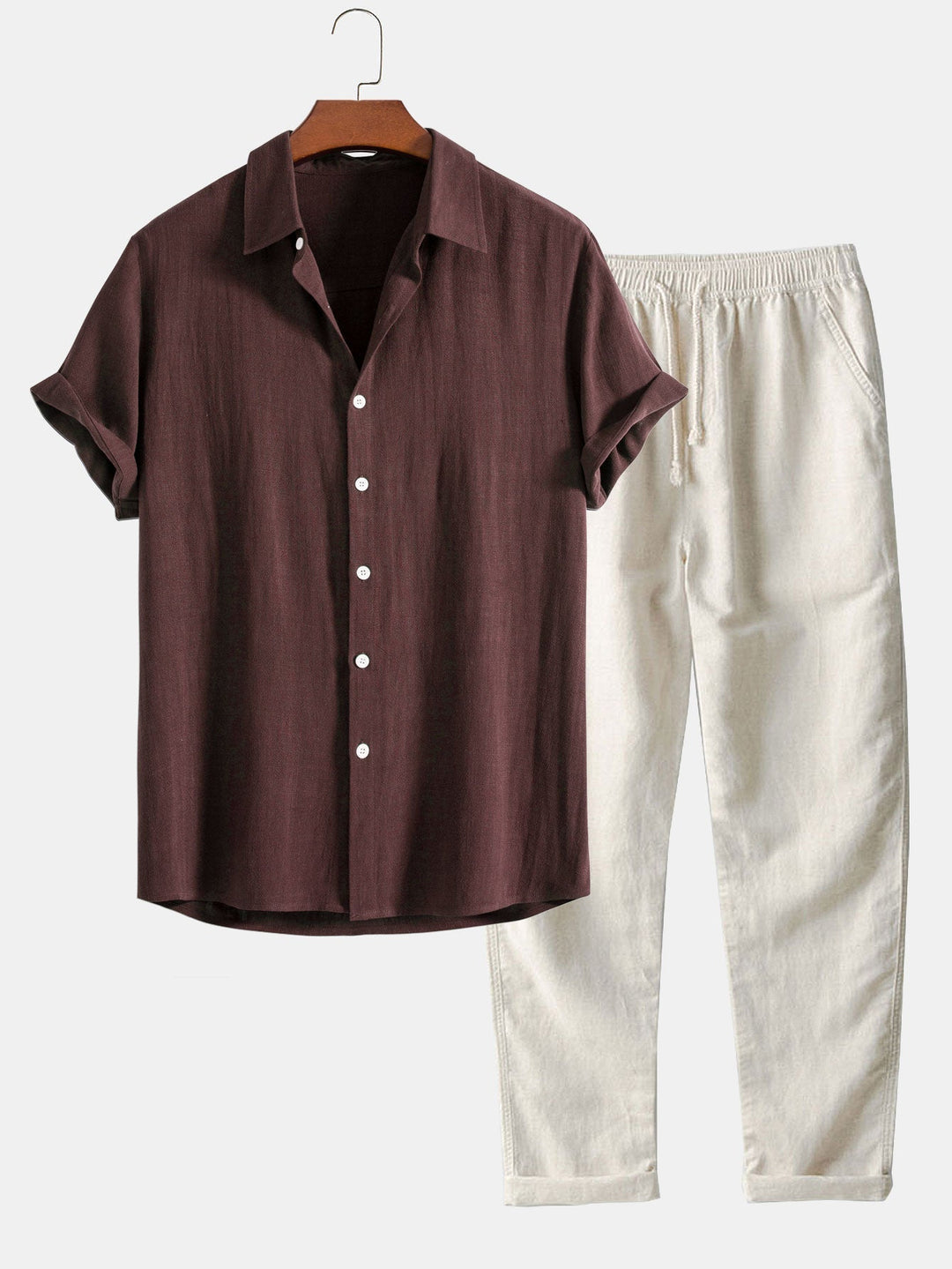 Men's Summer Set Shirt and Trousers Stand Collar Short Sleeve Lightweight 11