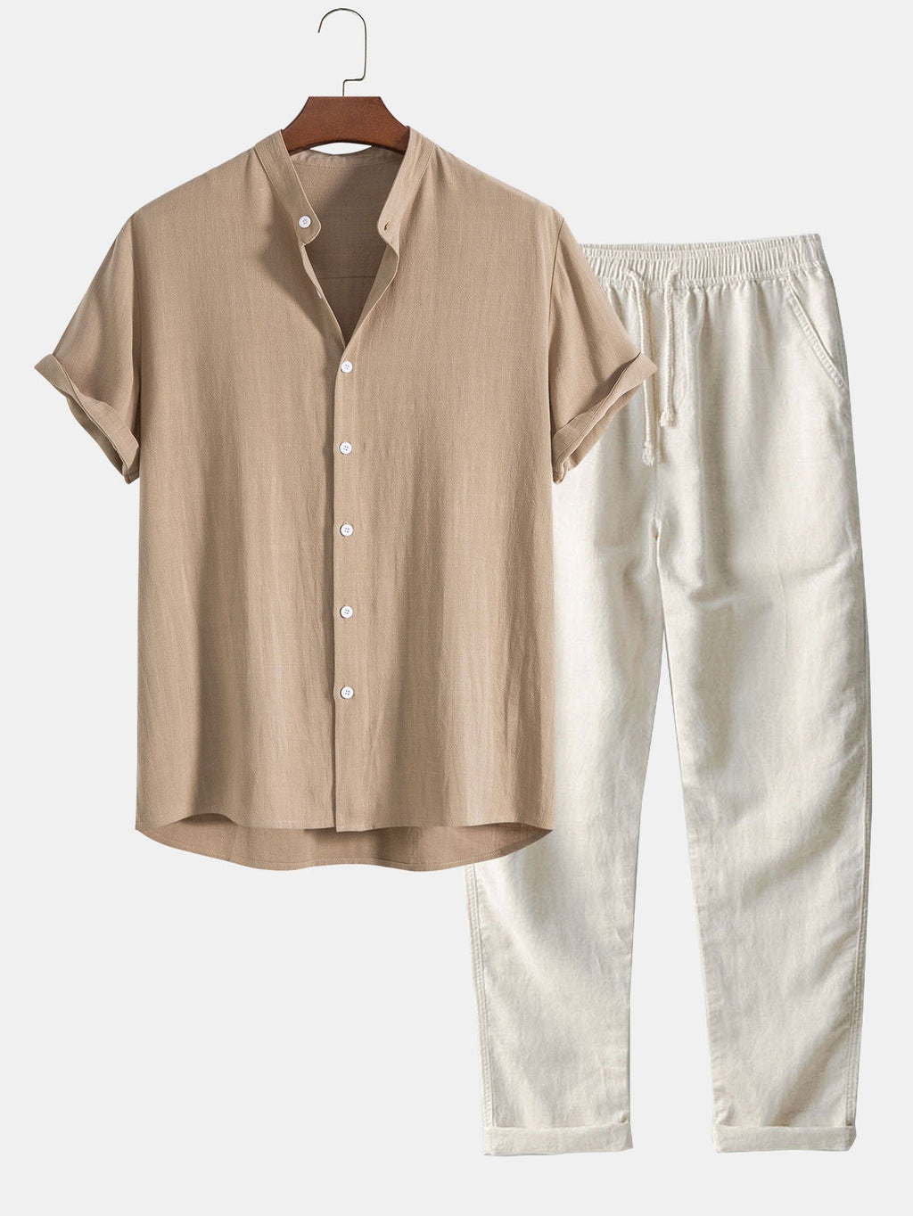 Men's Summer Set Shirt and Trousers Stand Collar Short Sleeve Lightweight 9