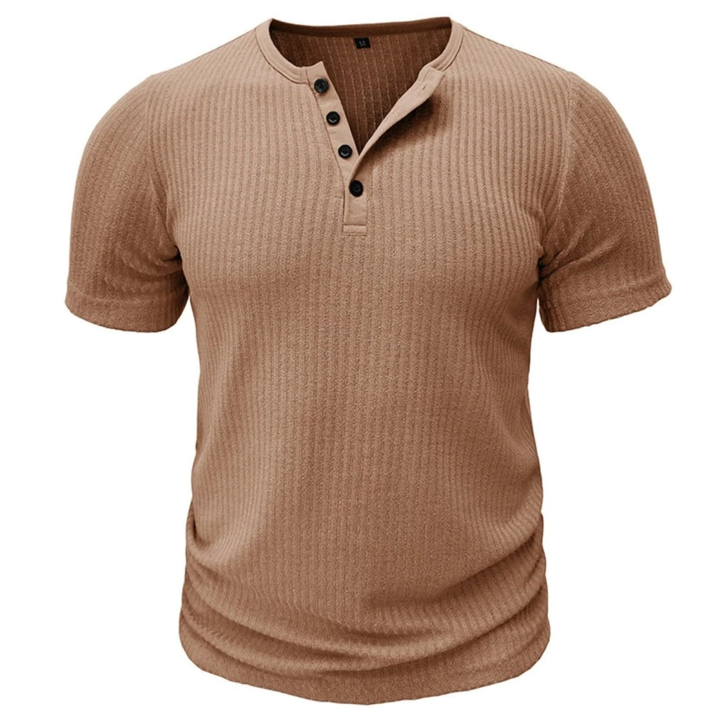 Men’s T-Shirt with Button Placket Ribbed Texture and Short Sleeves 0