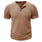 Men’s T-Shirt with Button Placket Ribbed Texture and Short Sleeves 0