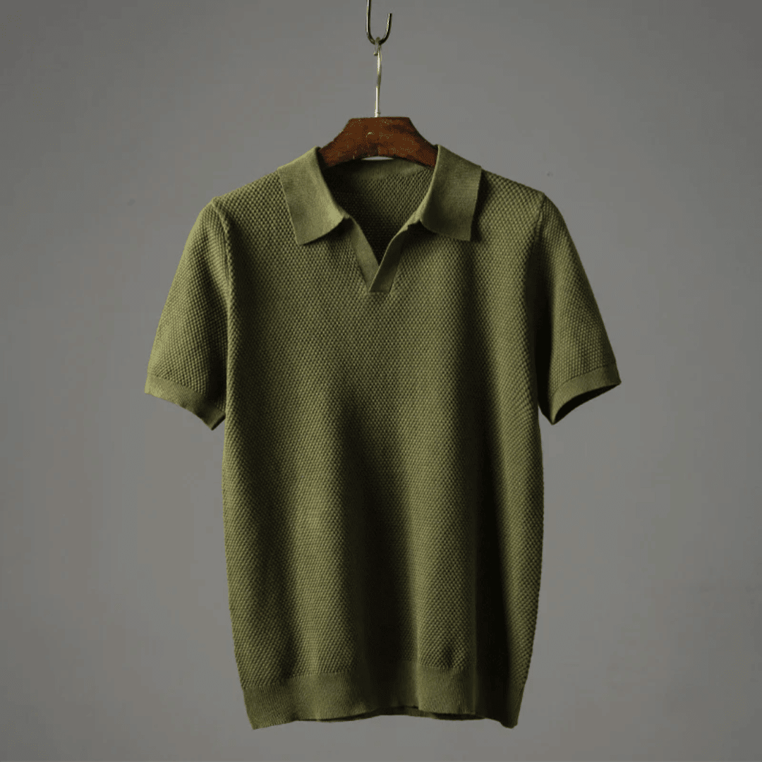 Men’s Textured Knit T-Shirt with Open Collar and Short Sleeves 0