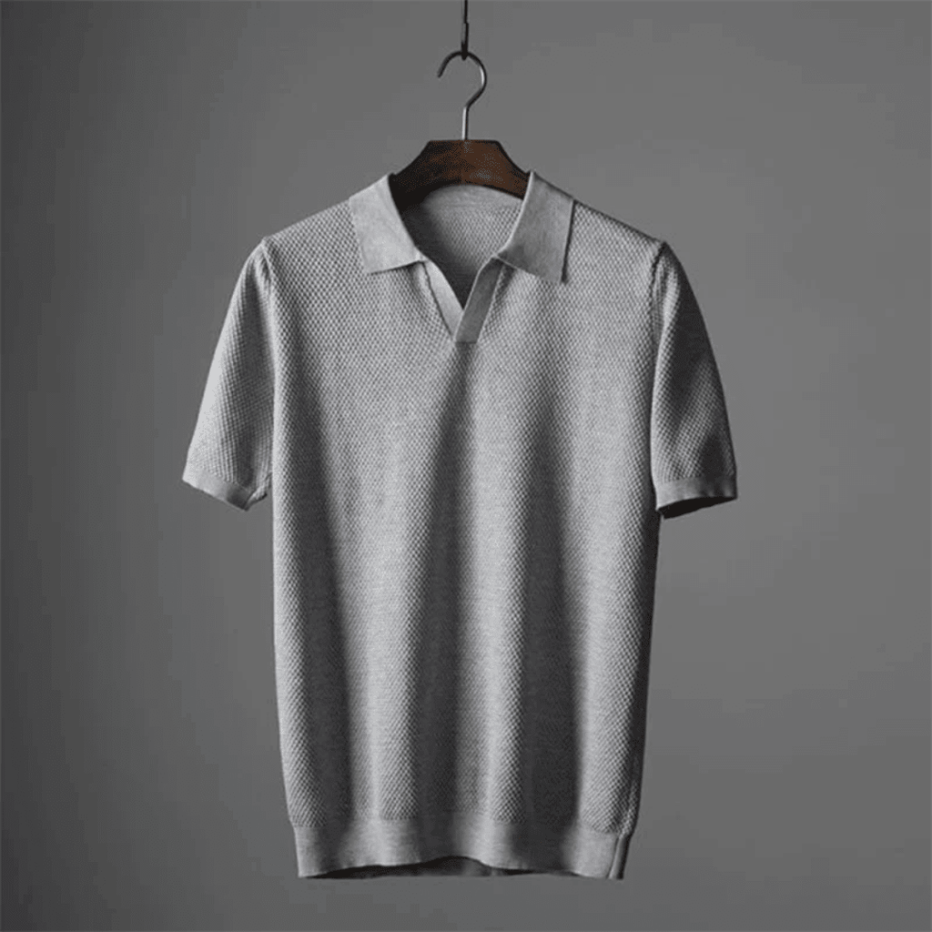 Men’s Textured Knit T-Shirt with Open Collar and Short Sleeves 1