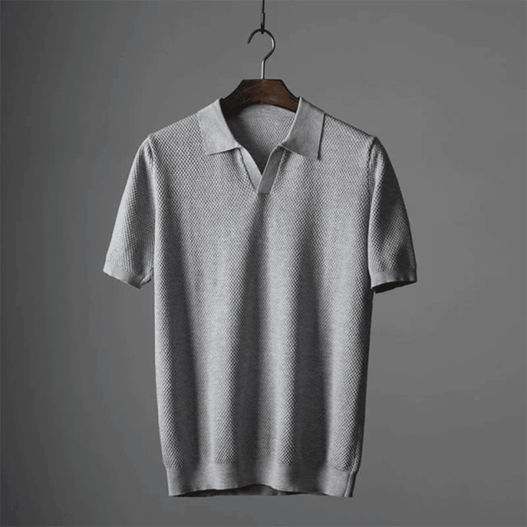 Men’s Textured Knit T-Shirt with Open Collar and Short Sleeves 1