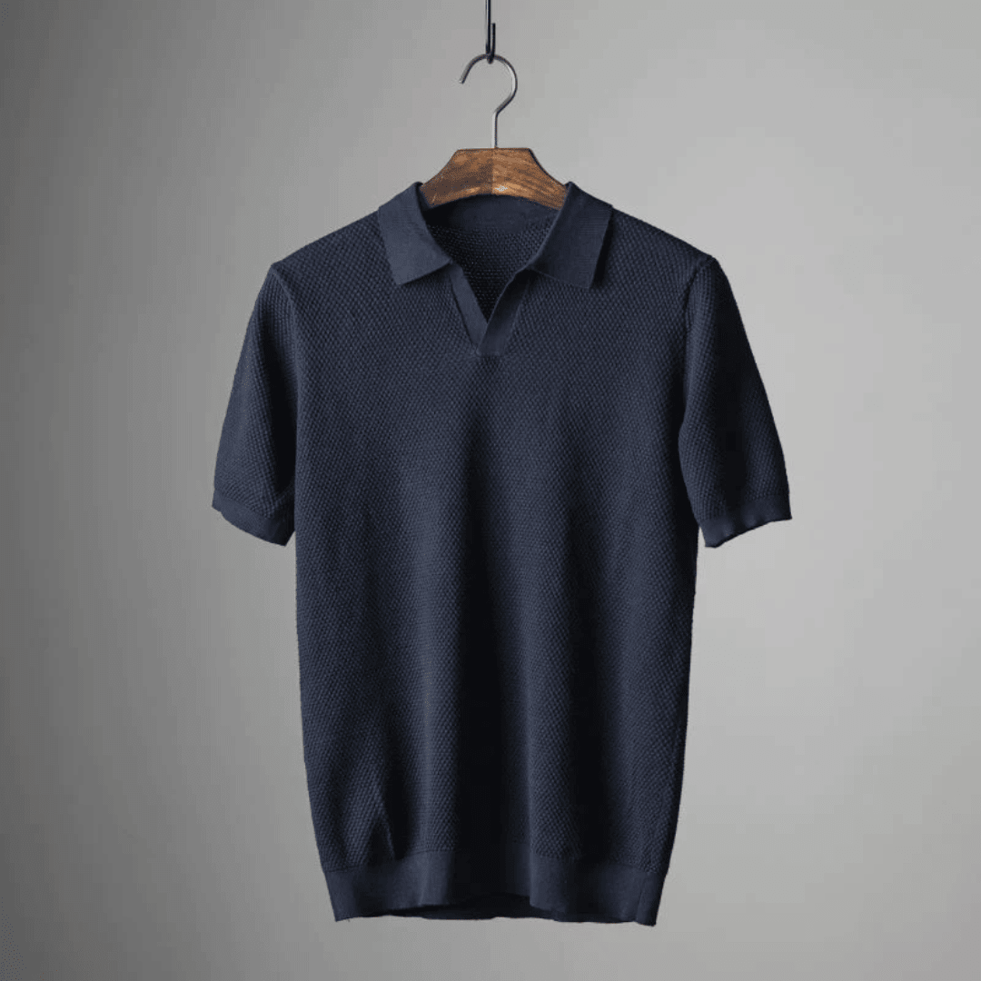 Men’s Textured Knit T-Shirt with Open Collar and Short Sleeves 3