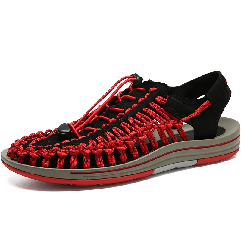 Men's Woven Beach Water Shoes - Breathable Knit Summer Sandals with EVA Footbed red