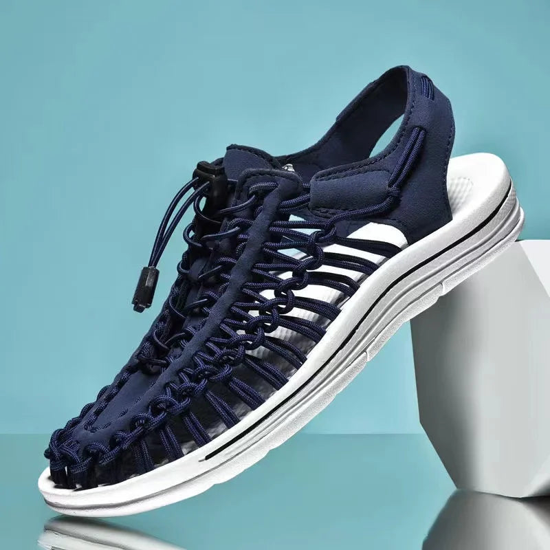 Men's Woven Beach Water Shoes - Breathable Knit Summer Sandals with EVA Footbed Navy