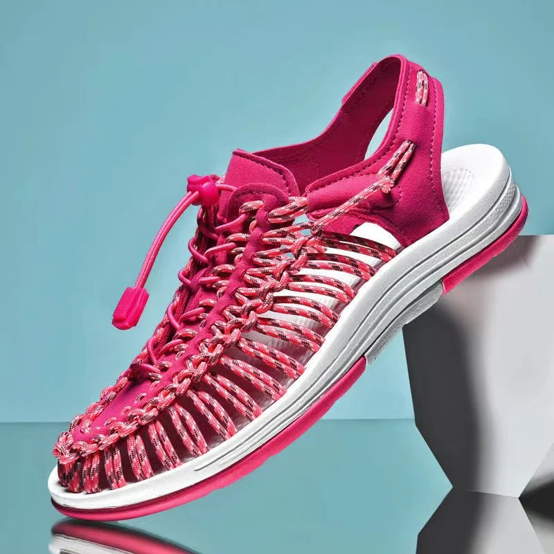Men's Woven Beach Water Shoes - Breathable Knit Summer Sandals with EVA Footbed Fuchsia