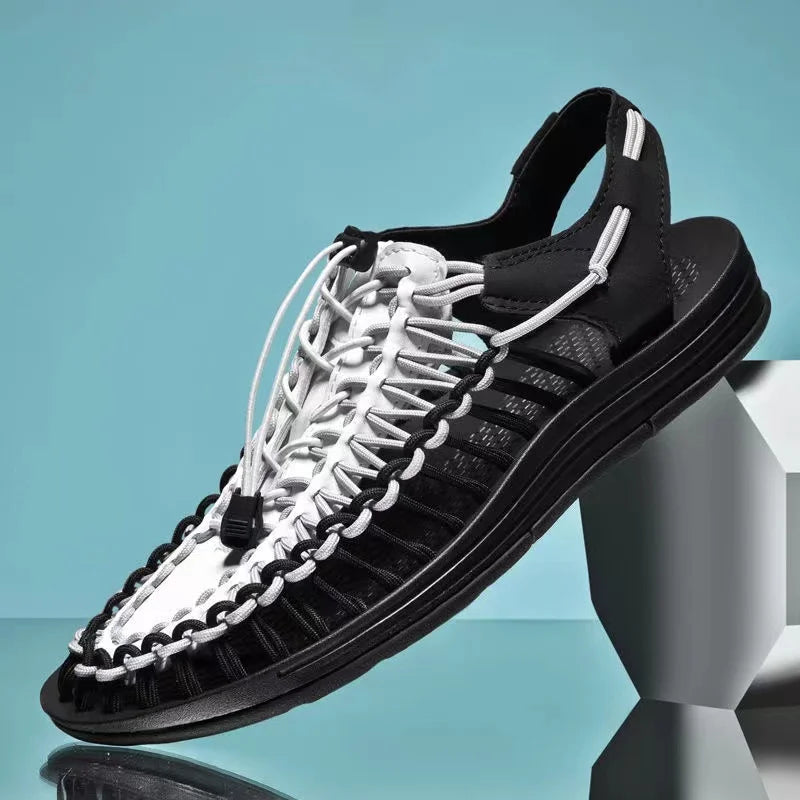 Men's Woven Beach Water Shoes - Breathable Knit Summer Sandals with EVA Footbed Black white