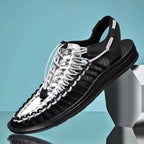 Men's Woven Beach Water Shoes - Breathable Knit Summer Sandals with EVA Footbed Black white