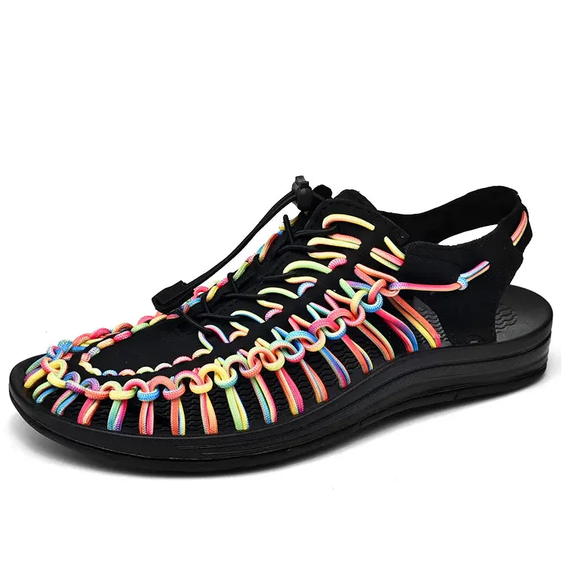 Men's Woven Beach Water Shoes - Breathable Knit Summer Sandals with EVA Footbed Black rainbow