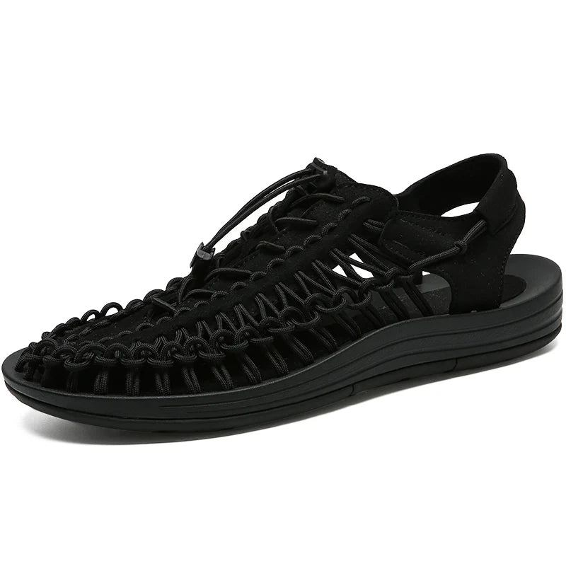 Men's Woven Beach Water Shoes - Breathable Knit Summer Sandals with EVA Footbed Black