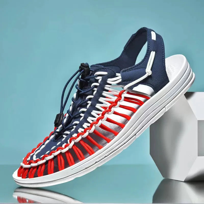 Men's Woven Beach Water Shoes - Breathable Knit Summer Sandals with EVA Footbed Navy red