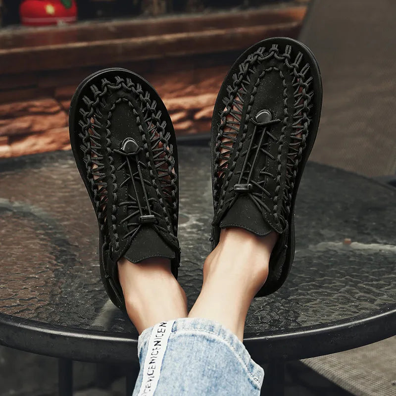 Men's Woven Beach Water Shoes - Breathable Knit Summer Sandals with EVA Footbed