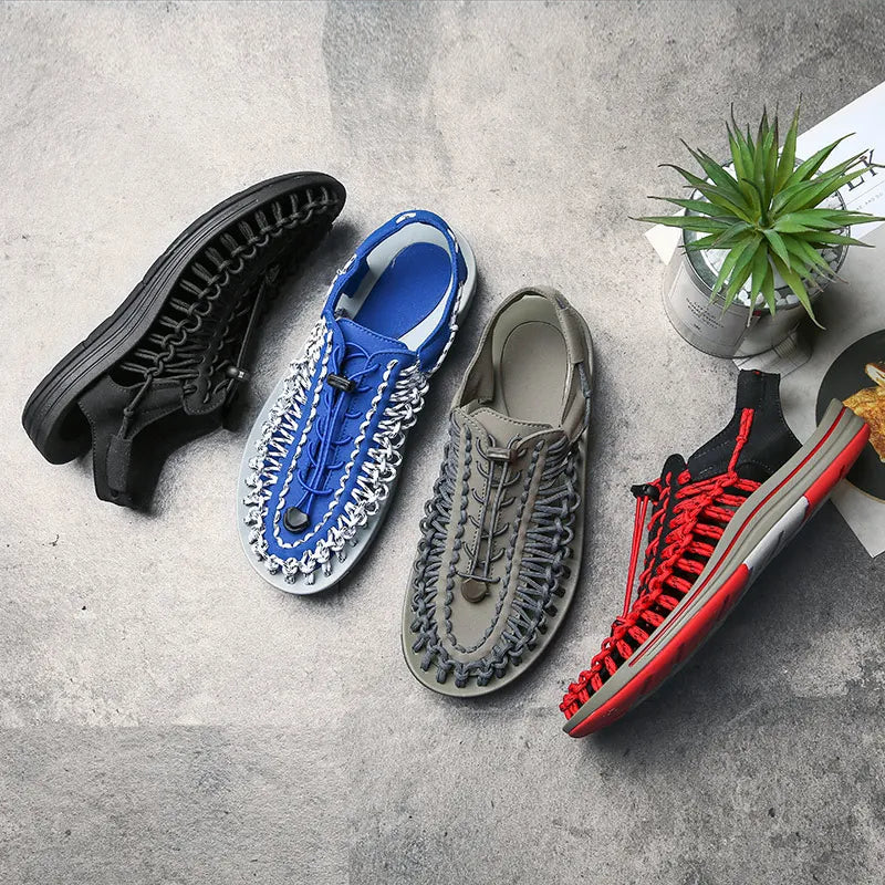 Men's Woven Beach Water Shoes - Breathable Knit Summer Sandals with EVA Footbed