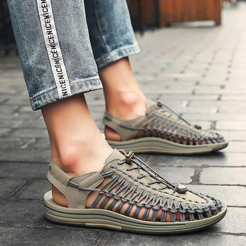 Men's Woven Beach Water Shoes - Breathable Knit Summer Sandals with EVA Footbed
