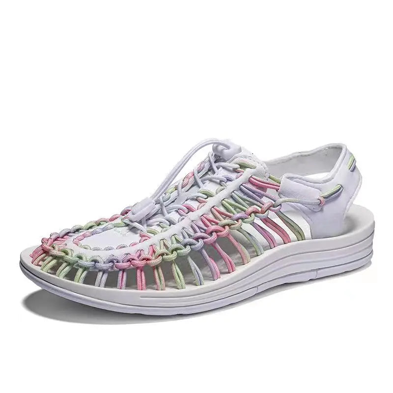 Men's Woven Beach Water Shoes - Breathable Knit Summer Sandals with EVA Footbed White rainbow 35