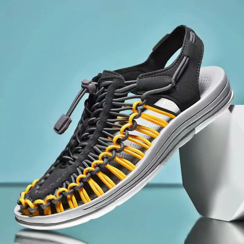 Men's Woven Beach Water Shoes - Breathable Knit Summer Sandals with EVA Footbed grey yellow