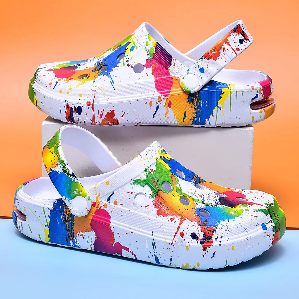 Men's & Women's Air-Cushion Clogs - Breathable Thick-Sole Beach Sandals, Paint-Splatter Print Ivory