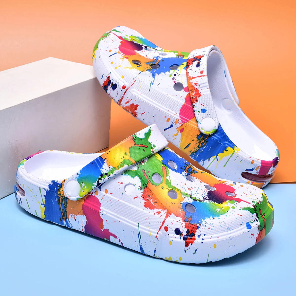 Men's & Women's Air-Cushion Clogs - Breathable Thick-Sole Beach Sandals, Paint-Splatter Print