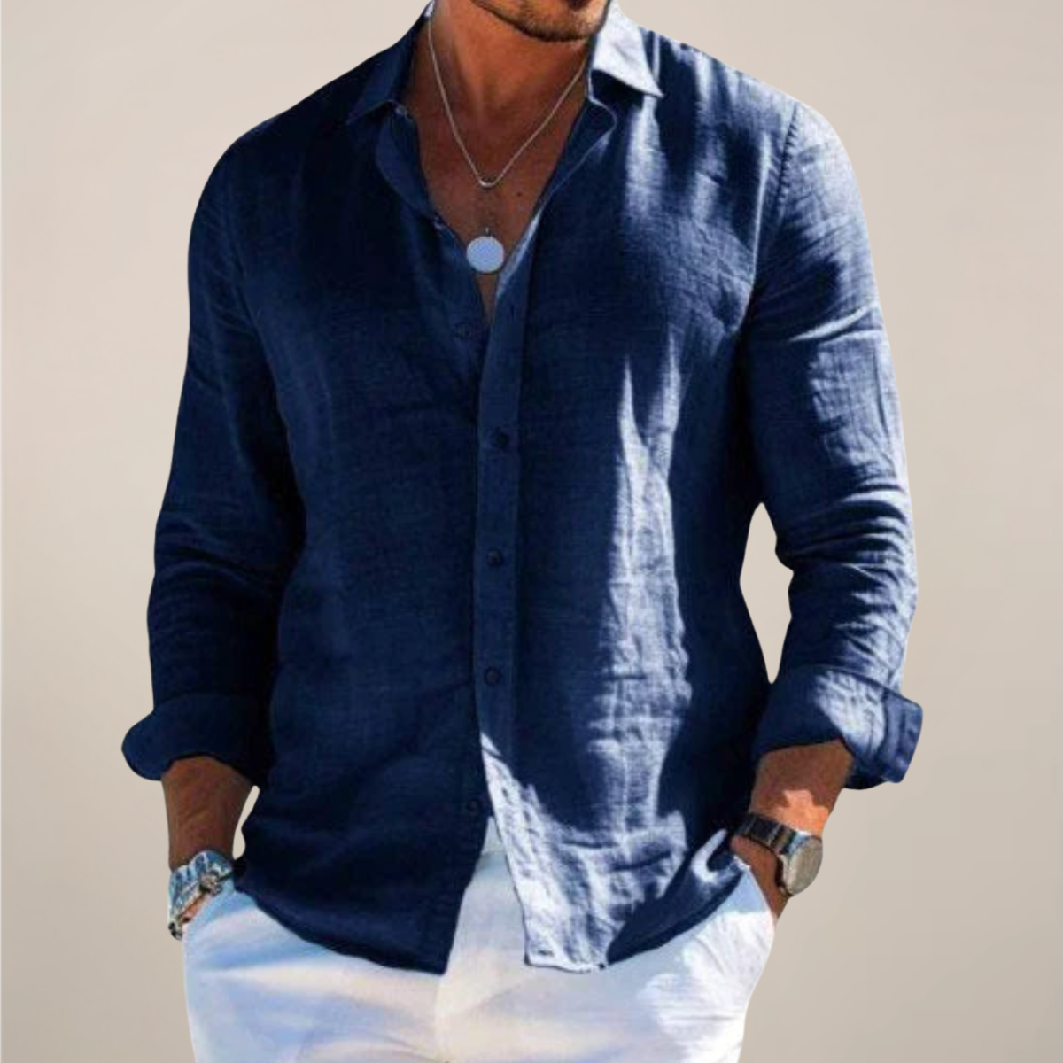 Nisyros | Men’s Linen Long Sleeve Shirt Navy Blue